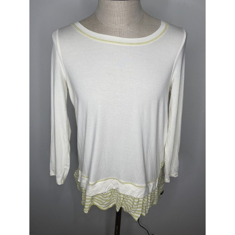 MAtilda Jane Shirt Round Neck Tunic Top Off White Green Stiped Buttons Size S